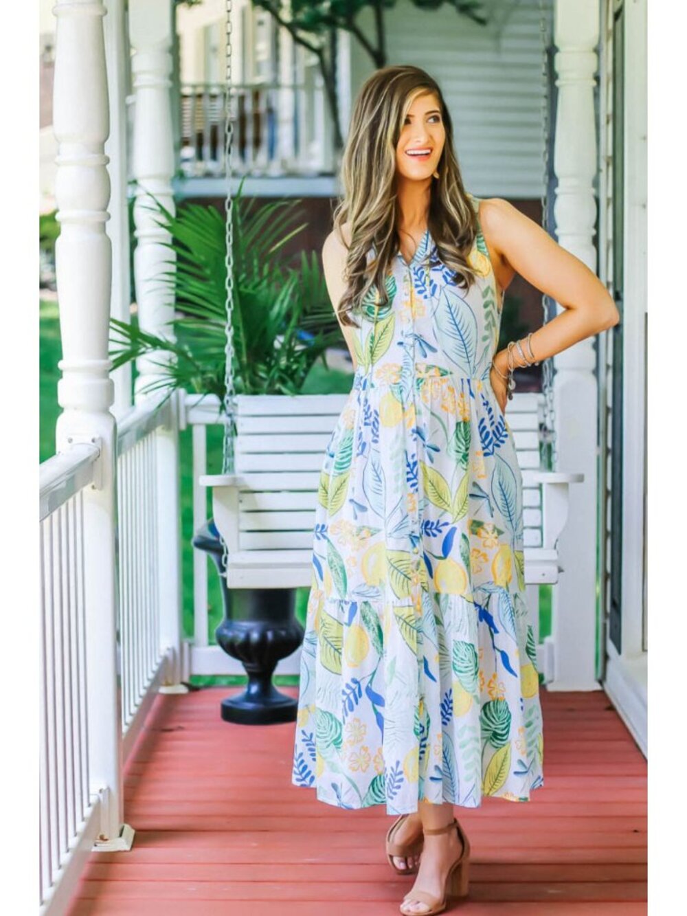 Olivia James Botanical Lemon Print Maxi Dress Tiered Boho Casual Small